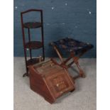 A Mahogany Coal Scuttle with Original Scoop, along with Mahogany Folding Three Tier Cake Stand and