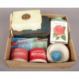 A Box of Cosmetic Containers and Vessels, including examples from French Moss and Brylcreem.
