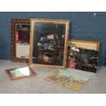 A group of mirrors & pictures. Gilt framed mirror, framed print etc