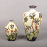 Two Moorcroft ceramic 'Hepatica' vases by Emma Bossoms. (marks to bases) 17.5cm h & 10.5cm h.