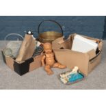 Two boxes of miscellaneous. Brass Jam pot, Vintage metal watering can, vintage matchboxes, chiropody