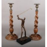 Bernard Kim bronze figure of a golfer signed. Together with a pair of early 20th century oak