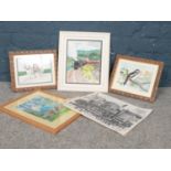 A group of framed watercolours & prints. J. Harvey 'Great spotted woodpecker' 'Ploughing' etc