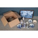 A box of blue and white assorted ceramics. To include Elesva & Holland delft blue etc.