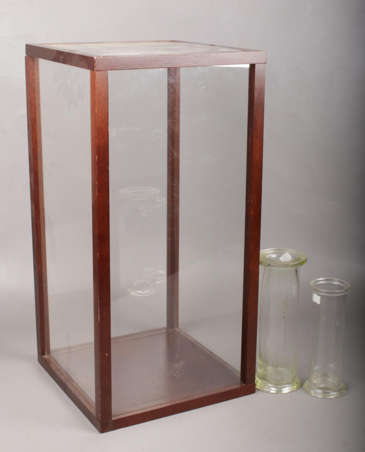 A Perspex display case together with two glass specimen jars. H:50.5cm, W:25cm.