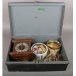 A Large Tin Box containing watch faces and clock parts. Dimensions of Tin: W = 45cm, D = 30cm, H =