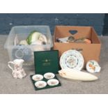 Two boxes of miscellaneous. Beswick ware, Royal Worcester, Minton cut glass decanter and goblets etc
