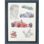 A framed print of a tribute to Michael Schumacher by Stuart McIntyre 1997. H:59cm, W: 42cm.