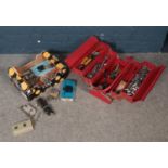 A tool box and contents together with a box of locks. To include a red metal five tray tool box with