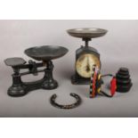 A group of miscellaneous. A Hughes family scale, vintage weighing scales and weights, cast iron