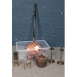 A group of metalwares. Vintage cooper kettle, Brass candlesticks, vintage bed warmer etc.