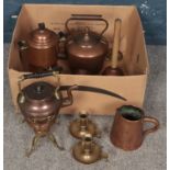 A Group of Mainly Copperware. To include Copper Kettle with Burner Stand, Copper Milk Jug and a Pair