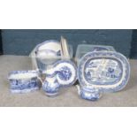 Two boxes of Blue & White ceramics. Meat platers, Jugs, planters, tureens etc