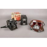 Three vintage camera's. Conway Box camera (original box), Kodak Retinette, Ensign ful-vue.