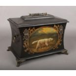 A modern decorative table casket. With painted panel depicting a dog.