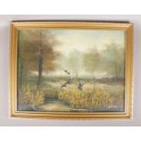 D.Jackson, gilt framed oil on board, depicting ducks taking flight. (36cm x 47cm)