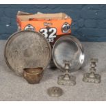 A group of mainly silver plate wares. Candlesticks, serving tray, jug etc