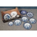 A box of assorted blue and white ceramics. To include Burleigh ware 'Willow' pattern, and Real Old