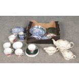 A box of mixed ceramics. Includes Royal Albert Tahiti, Sadler, blue and white etc.