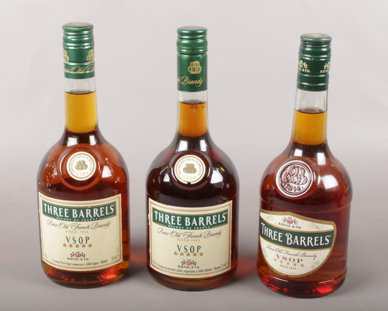 Three bottles of full & sealed Three Barrels French brandy.