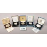 Five cased silver Royal Mint commemorative coins. Includes Rugby World Cup 1999, 50th Anniversary of