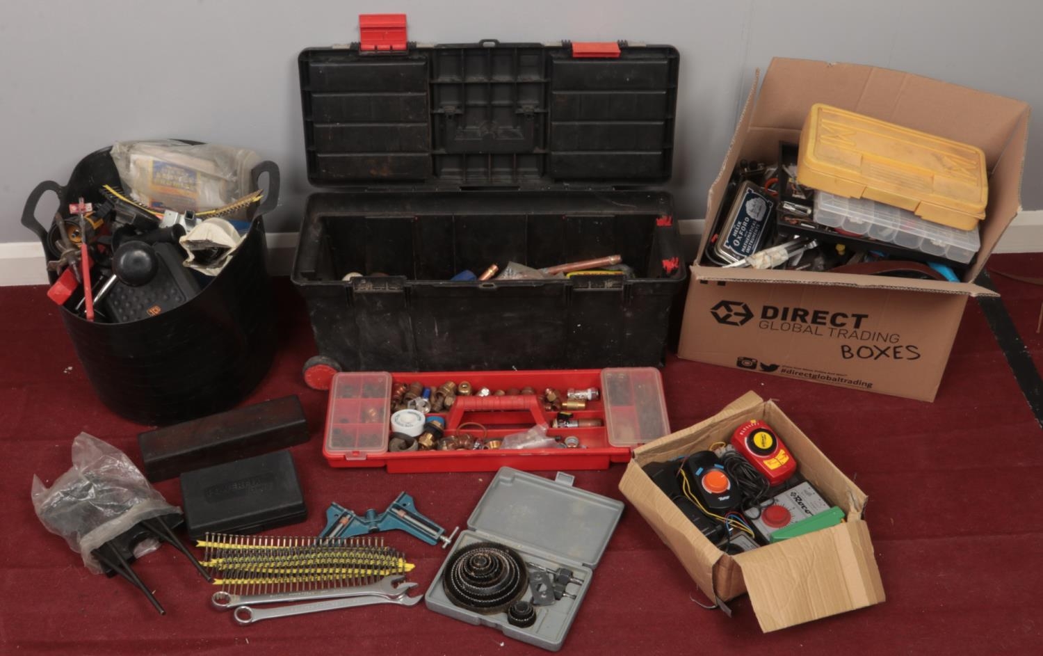 A quantity of tools. Including hand crank screwdrivers, tools box and contents, spanners, etc.