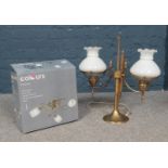 A vintage brass twin table lamp with shades, to include Colours Forbes triple spotlight (boxed)