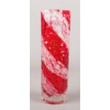 A Whitefriars style red textured glass cylinder vase, with white ribbon decoration. 19.5cm.
