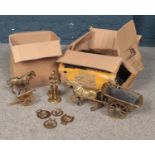 Two boxes of metalwares. Brass horse & carriage, horse brass's, brass figures etc.