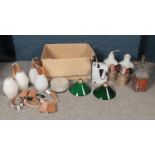 A box containing various mid century and modern lighting. To include four hanging wooden wall lights