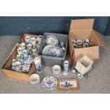 Three boxes of assorted Delft ware. Comprising of plates, tankards, & jugs etc.