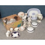 A box of assorted ceramics. To include two Meakin tureens, 'Maling' dish, Indian Tree Johnson Bros