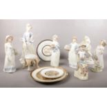 A group of assorted ceramic's. Horse figure, Six women/girl figurines, The Art of chokin plates.