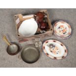 A small box of miscellaneous. Includes Woods Ware, silver plate cruet set, brass and copper pans