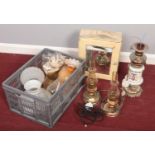Two boxes of miscellaneous. Includes oil lamps, shades, vintage medicine cabinet etc.