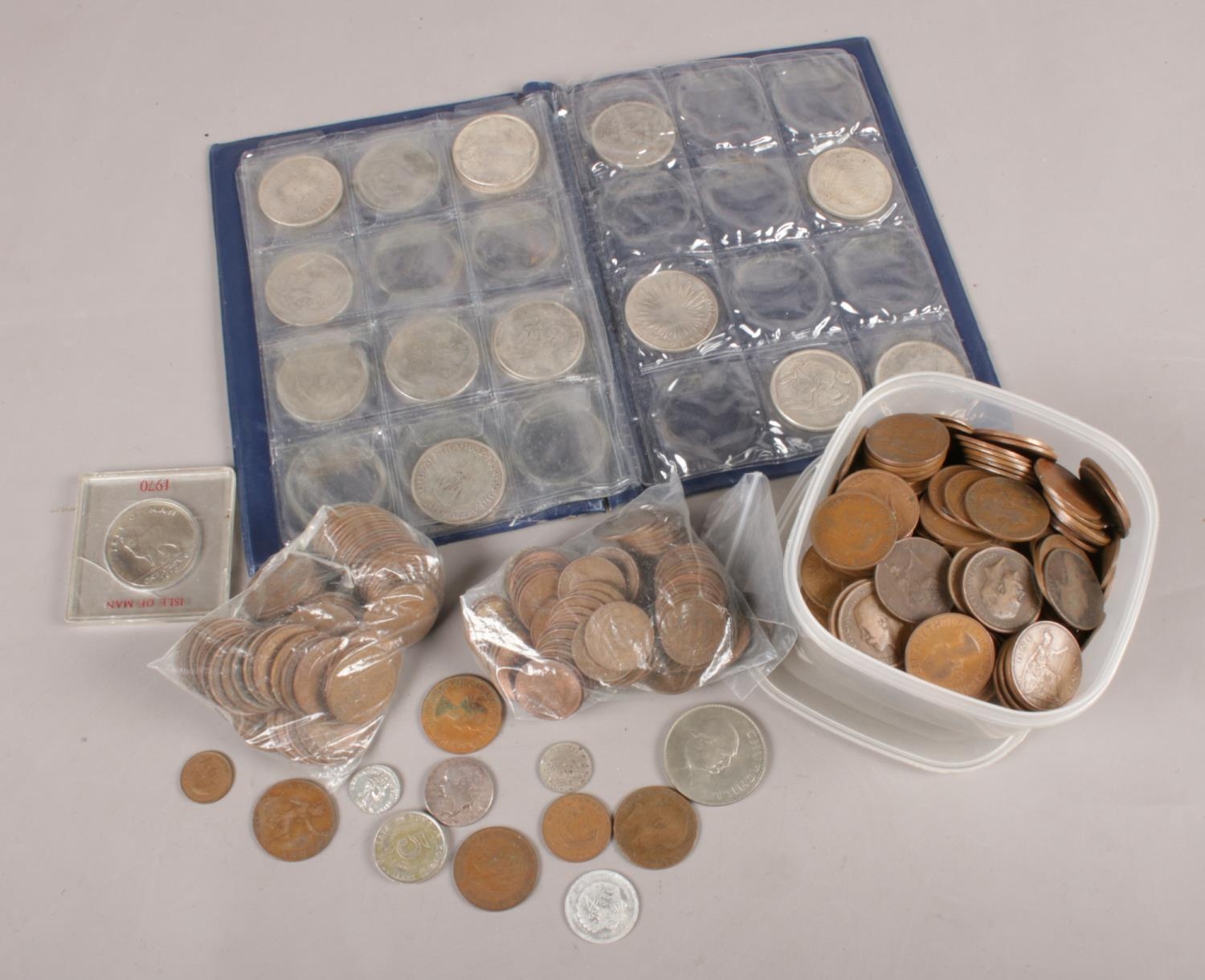 A box of assorted coins. Mainly British pre decimal, includes some restrike examples.