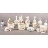 A group of assorted ceramics. Sadler trinkets & bells, Fenton ornaments etc