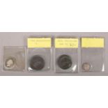 Four antique British coins. Includes George III Halfpennies (1799 and 1806), 1836 Groat and an