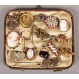 A tray of vintage jewellery. Including cameo brooches, rings, pendants on chain, etc.