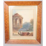 A framed watercolour depicting river & tower scene with figures. (29cm x 22cm)