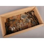 A box of British pre decimal coins. Includes 1799 halfpenny, pennies etc.