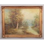 A Gilt Framed Oil on Board depicting a River Scene. Signed 'Austin' in the Bottom Left Corner.