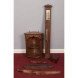 A collection of wood & treen. To include an arts & crafts style wall corner unit, a Barometer, a