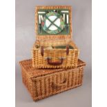 Two Wicker Picnic Baskets, One with contents of a 'Picnic Set for Two'. Size of Largest Basket: