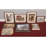 A group of seven framed photographs and pictures. To include photographs of Whitby and village life,