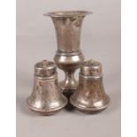 A Silver Salt Shaker and Pepperette, together with a small, bottom weighted Urn Vase. Shakers