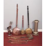 A group of assorted metalwares. To include three bedwarmers (one copper), fireside companions such