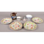 A small quantity of ceramics. Including Worchester teacup, oriental plates, copper lustre jug, etc.