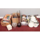 Four boxes of miscellaneous. To include a copper bedwarmer, a selection of crockery and a large