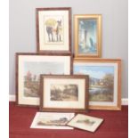 A collection of pictures and prints. Includes large oil painting, JH Shaw watercolour etc.